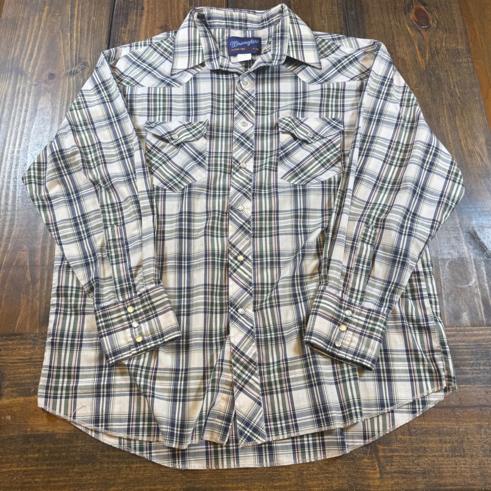 Wrangler Men Plaid Western Pearl Snap Shirt Green Navy X-Long Tails 17-34 XL VTG